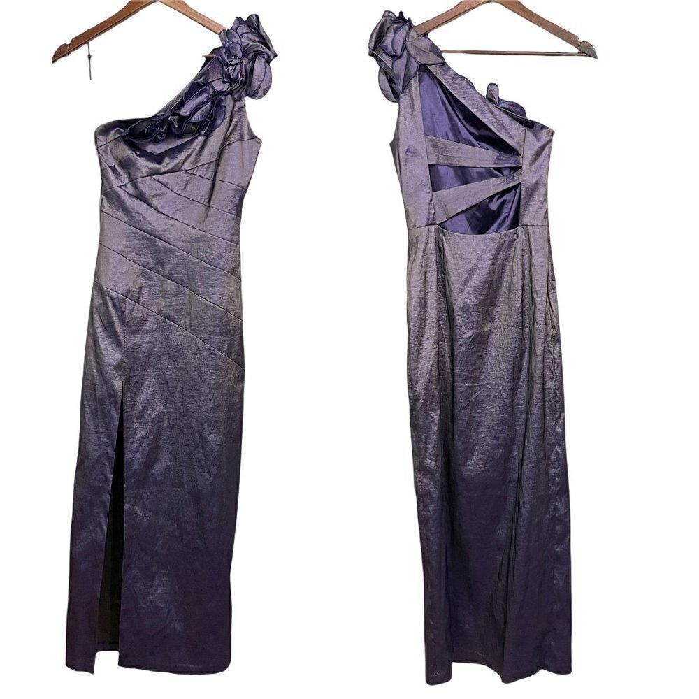 Jessica McClintock Women's Vintage Purple Jabot Ruffle One Shoulder Gown Small